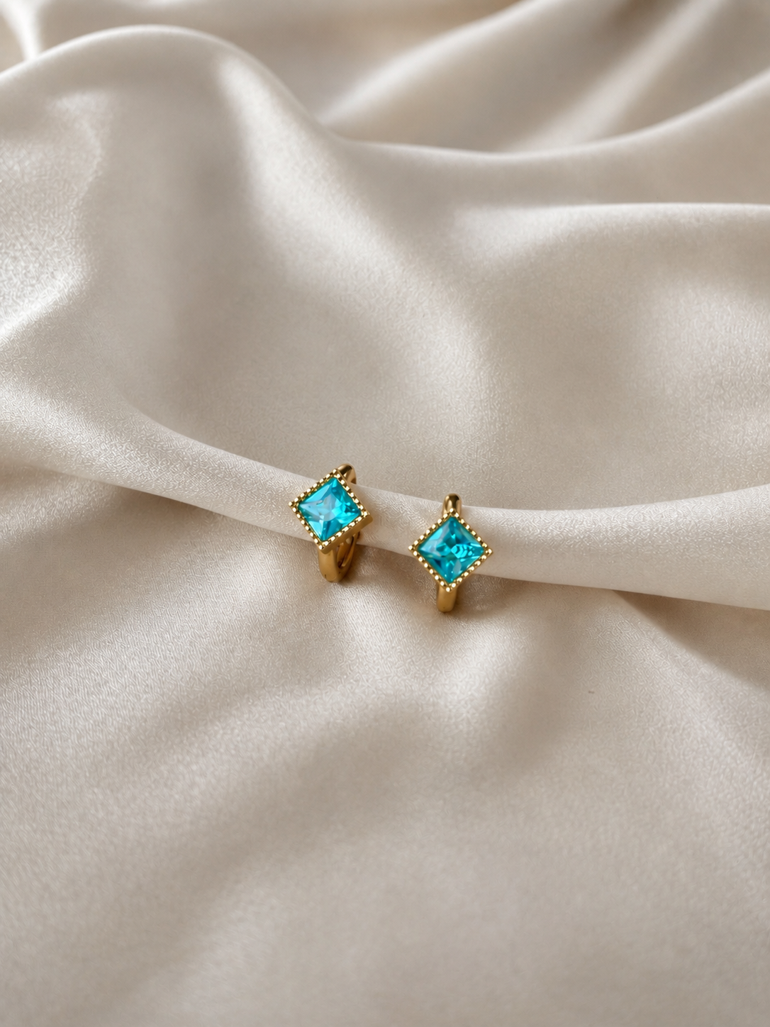 Gold Teal Crystal Square Huggie Earrings