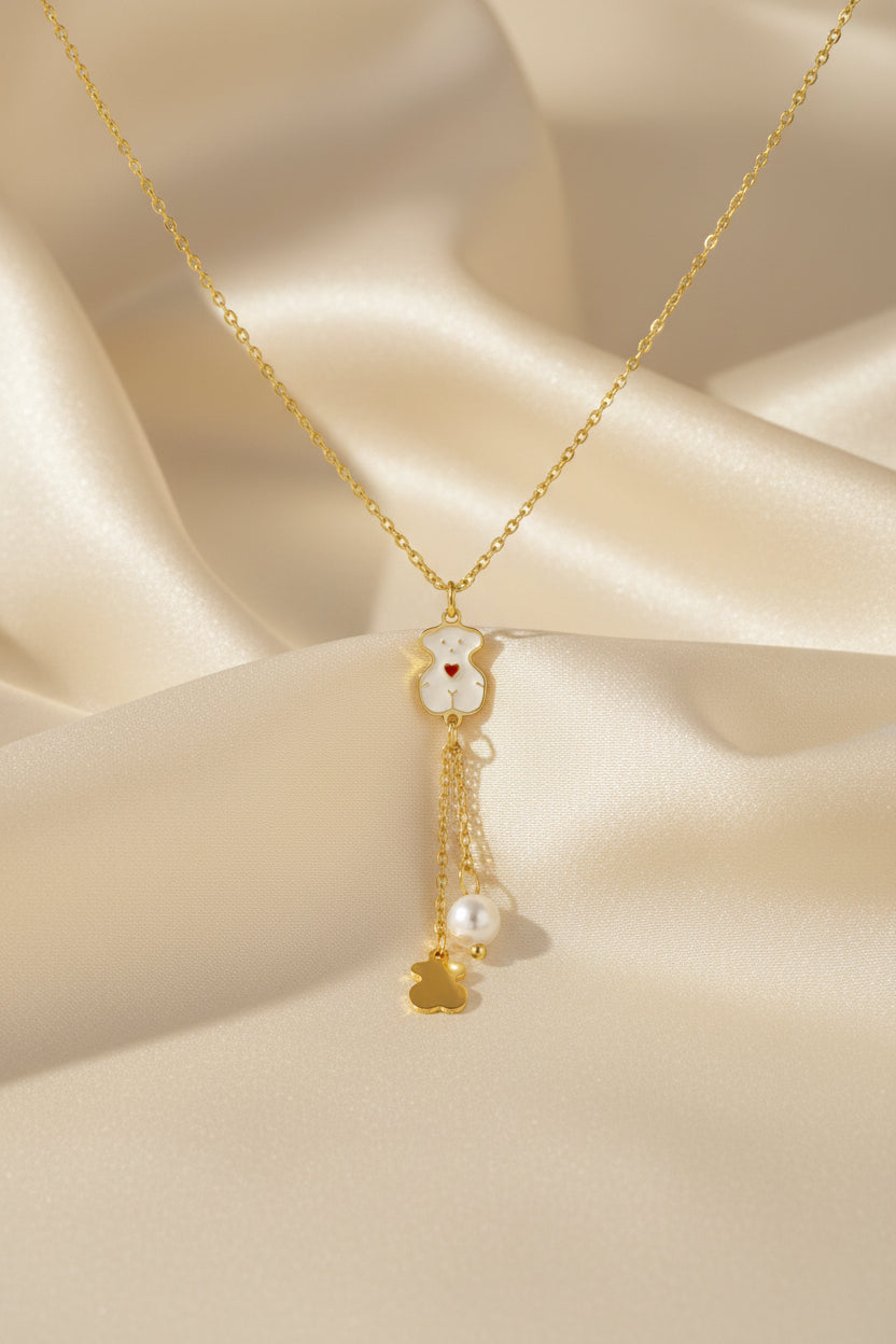 Teddy Bear Lariat Necklace with Pearl Drop