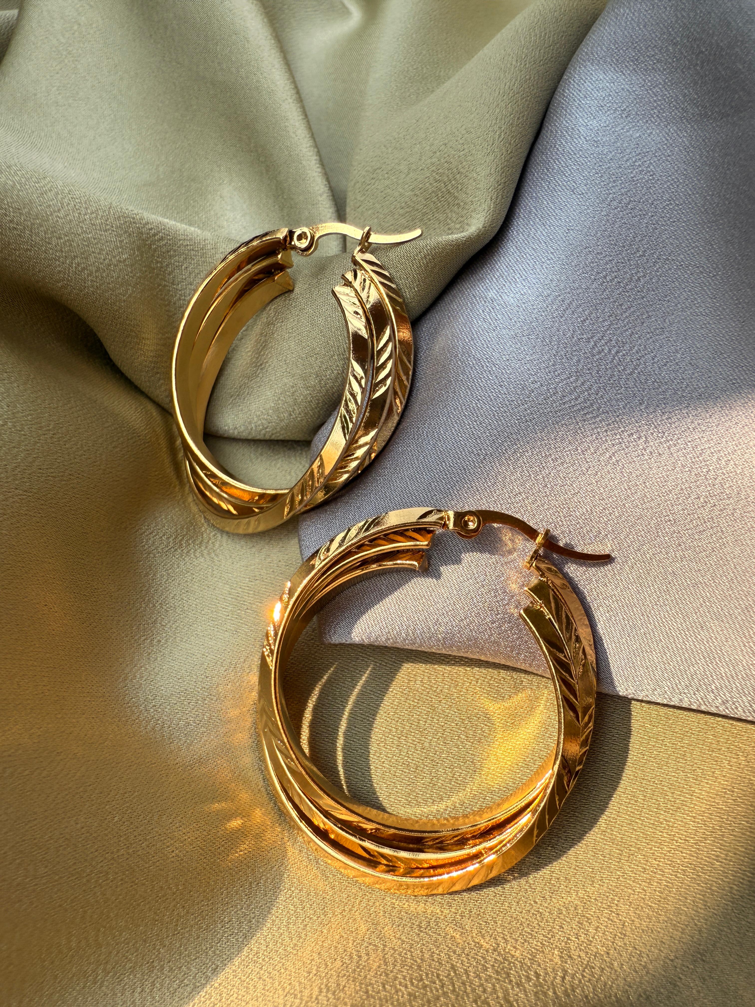Triple Twisted Gold Hoop Earrings with Leaf Engraving