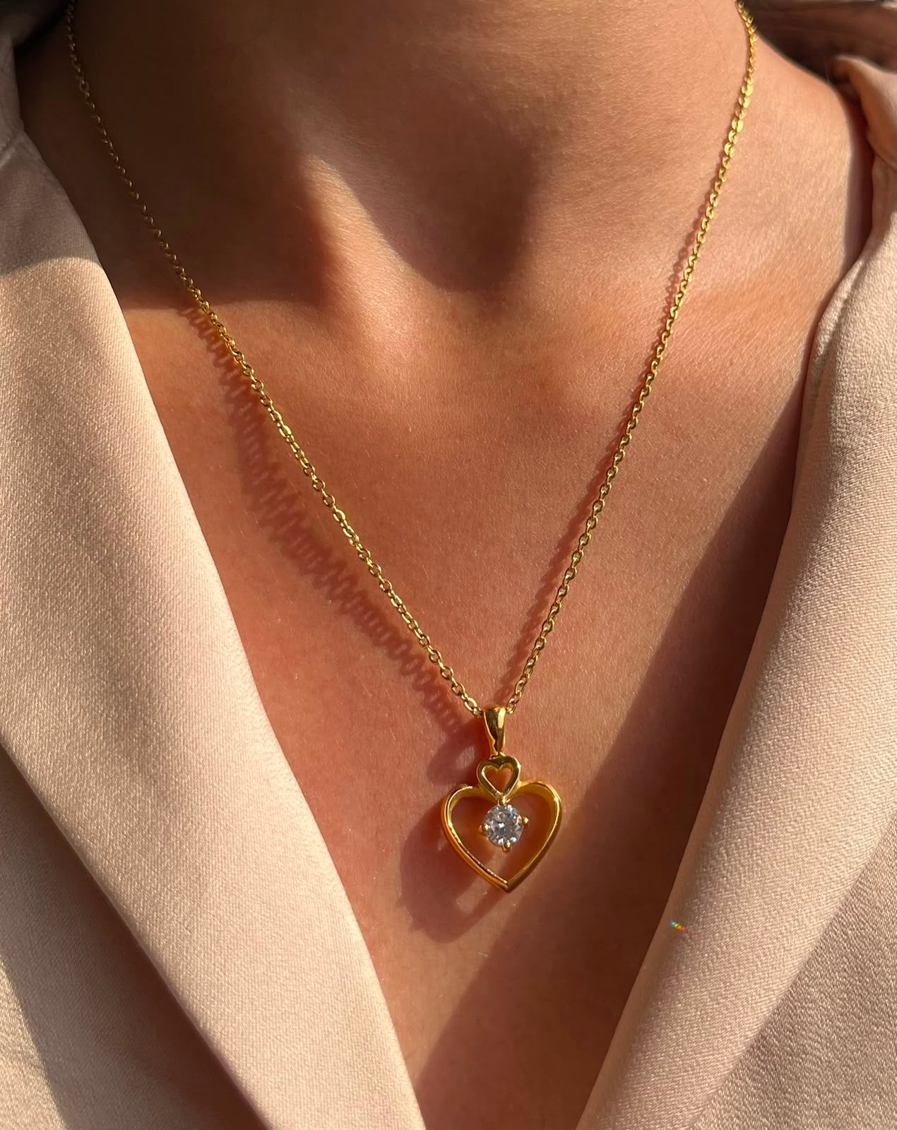 Gold Open Heart Crystal Pendant Necklace