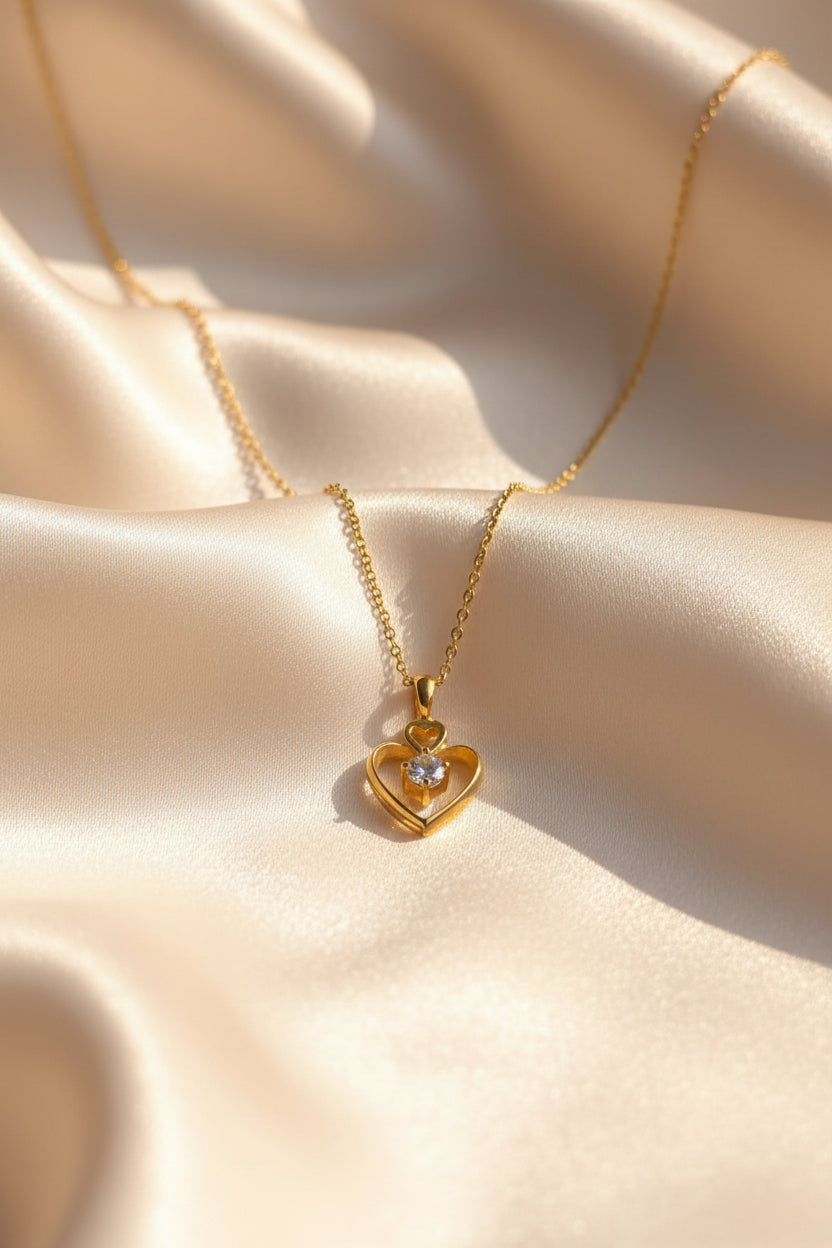 Gold Open Heart Crystal Pendant Necklace