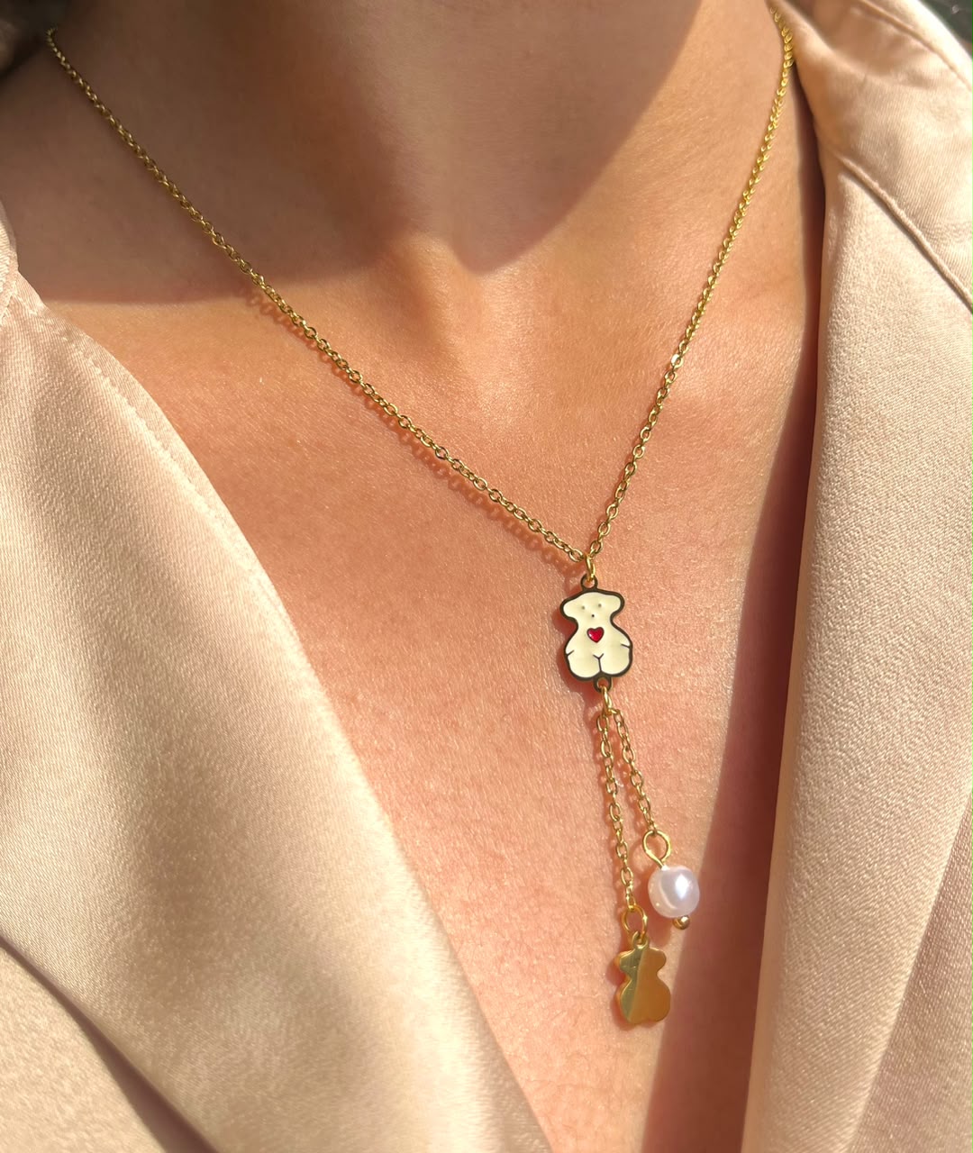 Teddy Bear Lariat Necklace with Pearl Drop